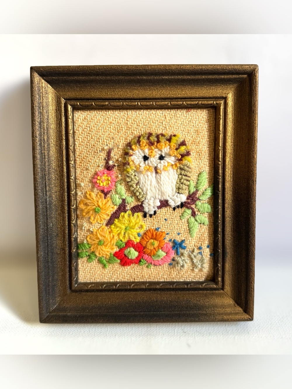 Vtg 70s Owl Floral Crewel Embroidery Framed Cottagecore Woodland Kitsch Wall Art